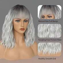 14" Brown Ombre Short Curly Bob Wig With Bangs For Women - Matte Heat-Resistant Fiber | Breathable Rose Net | Women Christmas Holiday Daily Wear - Màu xám ombre - Xem 3
