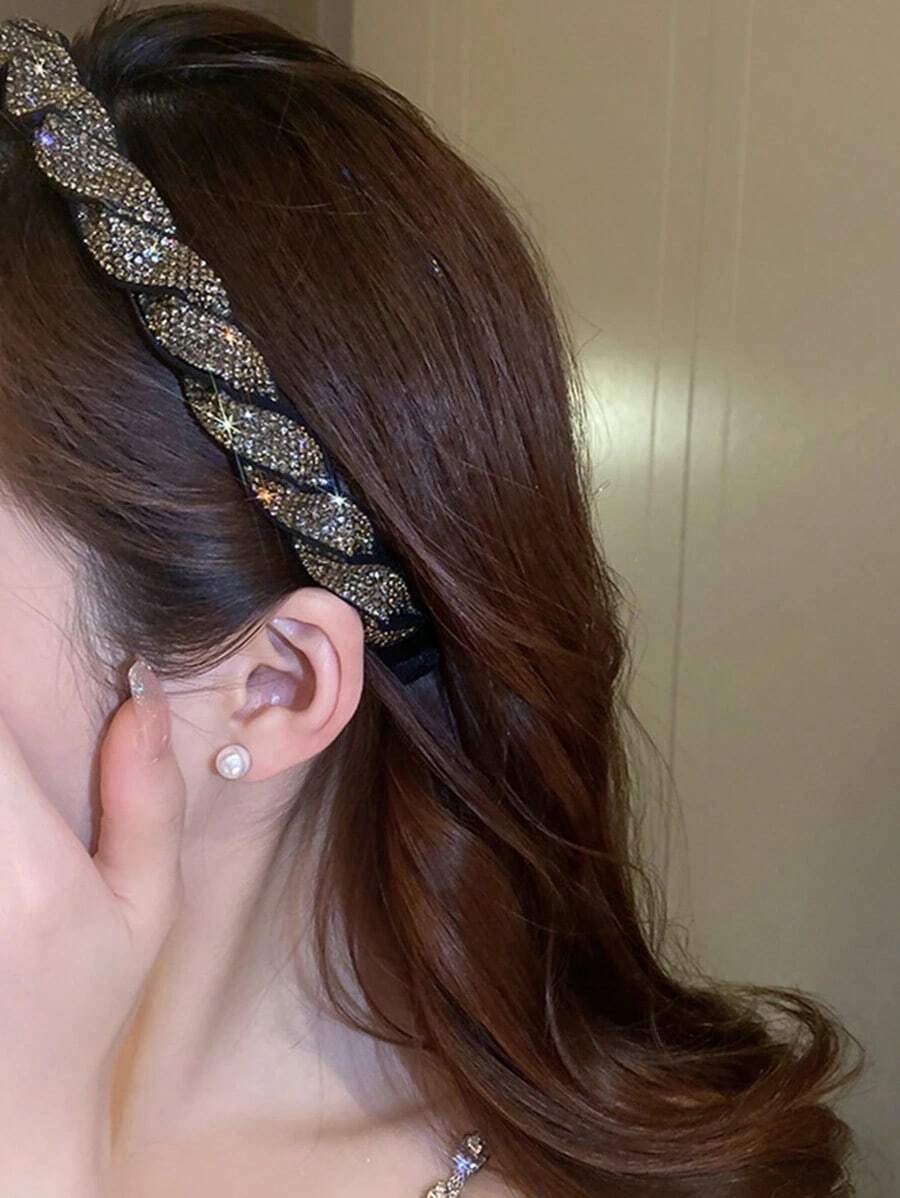 Rhinestone Decor Braided Detail Headband Party,Tiara,Hairband,Hair Hoop,Hair Accessories Headbands, Black Head Accessories - 黑色 - 查看 1