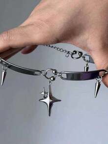 1pc Gothic Punk Y2K Metal Heart Star Necklace, Cross-Border Dark Style Geometric Zinc Alloy Plated Jewelry, For Women - 銀色 - 查看 3