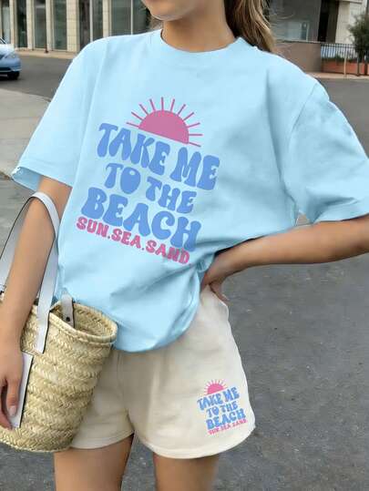 2件套女童青少年夏季字母印花短袖T恤和短裤套装，甜美海滩度假主题“带我去海滩”，舒适透气儿童运动服，适合日常/海滩/旅行穿着，杏色/天蓝色撞色设计