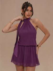 Đầm mini dáng chữ A bằng chiffon màu tím trơn thanh lịch dành cho nữ, kiểu cổ yếm buộc dây sau lưng, thích hợp cho các buổi tiệc tùng và kỳ nghỉ hè. - Màu tím - Xem 3