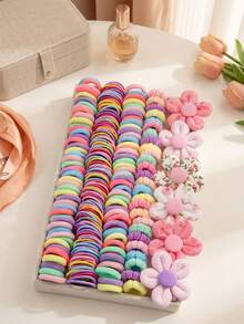 205pcs Cute Floral Hair Accessories Set, Including 3D Flower Hair Clips, Hair Scrunchies And Headbands, Suitable For Girls Daily Wear - Multicolor - View 2