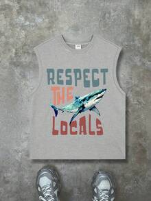 男孩酷鯊魚 Respect Local People 圖案無袖背心，寬鬆夏季海灘無袖T恤，柔軟舒適面料，日常穿著 - 灰色 - 查看 2