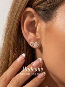 MADEONE 1 par de pendientes de plata de ley 925 con forma de corazón y decoración de lágrima, adecuados para el uso diario, ceremonias de propuesta, decoración nupcial y citas de damas - Engaste en forma de corazón - polvo de oro y circonita - Ver 2