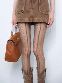 Women Vertical Stripe Sheer Pantyhose Patterned Tights Stretch Slim Fit Hosiery - Coffee Brown - View 1