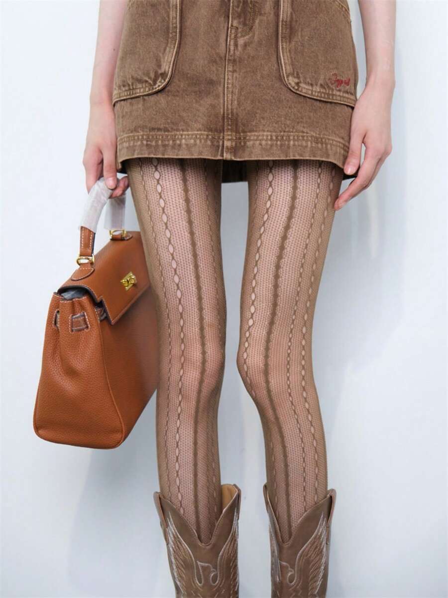 Women Vertical Stripe Sheer Pantyhose Patterned Tights Stretch Slim Fit Hosiery - Coffee Brown - View 1