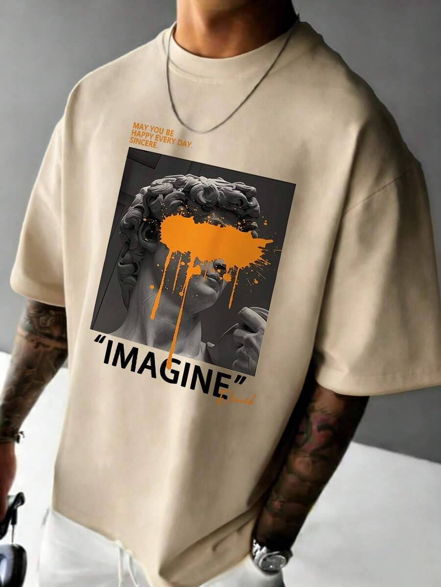 Simple Studio | Herr minimalistisk vardagsmode med konstnärligt tryck, kortärmad t-shirt | Lämplig för sommarkläder | Bekväm och andningsbar | Ledande stil - Aprikos - Visa 1