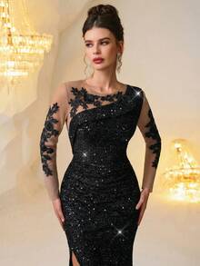 Vestido Elegante Preto Feminino de Cintura Alta Plissado e Ajustado com Decoração Floral 3D, Vestido Longo de Manga Longa com Fenda Elegante em Formato de Cauda de Sereia, Adequado para Ocasiões Formais, Galas, Traje de Convidado de Casamento, Cerimônias de Formatura, Jantares e Festas - Preto - Visão 5
