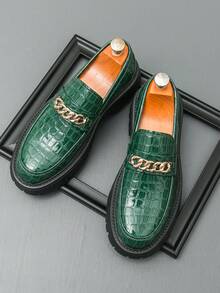 Men's Leather Shoes, Fashionable Youth Thick Sole Oxfords, Slip-On Loafers, British Style Casual Dress Shoes, Business Casual Daily Walking Shoes, Plus Size Men's Shoes - Green - View 5