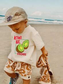 1件婴儿/幼儿男童创意卡通图案字母标语印花基本款圆领短袖T恤，休闲时尚 - 杏色 - 查看 2