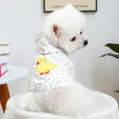 1pc Universal Polka Dot Knit Hoodie With Embroidered Duckling & Bear, Dog/Cat Clothes With Leash Ring, Warm Soft Non-Shedding, Suitable For All Seasons Outdoor, Holiday Gift