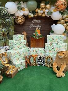 6pcs Jungle Animal Theme Gift Wrapping Paper, Featuring Jungle Animal Patterns, Light Green Forest Party Packaging, Suitable For Birthday Gifts, Wild Animal Theme Parties, Baby Shower Parties, Party Favors, And Green Forest Theme Gifts - A - View 3