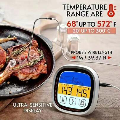 1pc Food Thermometer, Touch LCD Display Oven Food Temperature Gauge, Digital Grill Thermometer, Kitchen Food Meat Cooking Thermometer, Oven Thermometer, Digital Meat Thermometer, Fast Reading ABS Food Thermometer With Timer, Single Use, Suitable For Grilling, Cooking, Adults - Powered By AAA Battery (Battery Not Included)