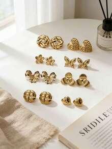 Vintage Gold Stud Earrings For Women 18K Gold Plated Butterfly Flower Heart Bow Knot Geometric Chunky Earrings Hypoallergenic Stainless Steel Fashion Jewelry For Daily Wear Party Gift - Multicolor - View 11