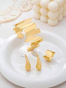Bộ 4 món trang sức thời trang bằng kim loại, hình giọt nước rỗng, trơn bóng, hình học dành cho nữ. - Vàng - Xem 5
