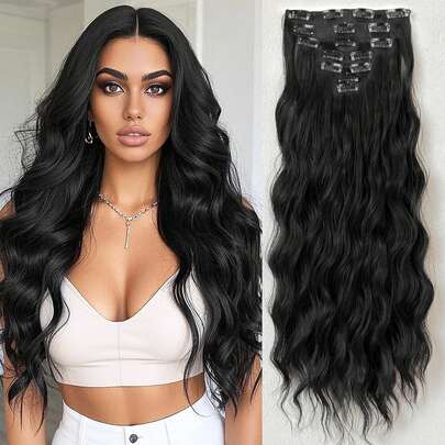 Tóc nối kẹp màu đen, 16 kẹp, tóc dài, kiểu tóc nước, dành cho nữ, nối tóc toàn đầu, tóc giả.