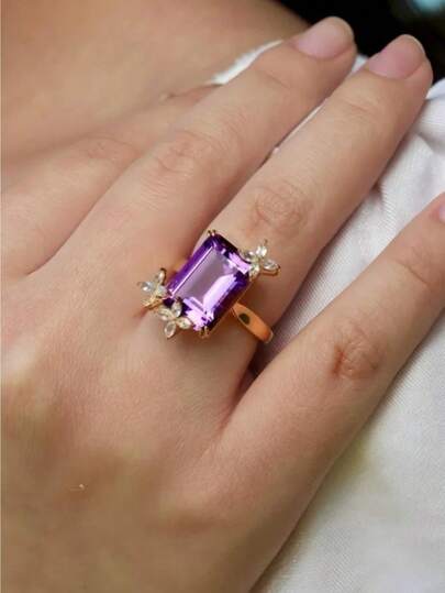 1 pieza Anillo cuadrado púrpura lujoso y elegante para mujer, diseño de flor vintage, perfecto para compromiso y uso diario de joyería de moda (sin caja)