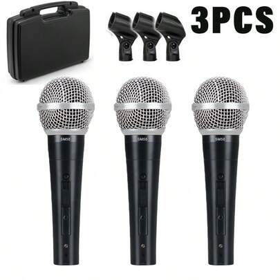 XGeS 3支装动圈式心形指向人声麦克风，带夹子和塑料收纳盒，适用于卡拉OK、现场演出和录音