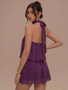 Đầm mini dáng chữ A bằng chiffon màu tím trơn thanh lịch dành cho nữ, kiểu cổ yếm buộc dây sau lưng, thích hợp cho các buổi tiệc tùng và kỳ nghỉ hè. - Màu tím - Xem 5