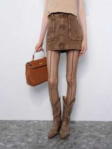 Women Vertical Stripe Sheer Pantyhose Patterned Tights Stretch Slim Fit Hosiery - Coffee Brown - View 5