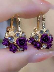 1pair 2pcs Vibrant Flower Basket Red Rose Shaped Earrings For Women Valentines - 紫色 - 查看 6