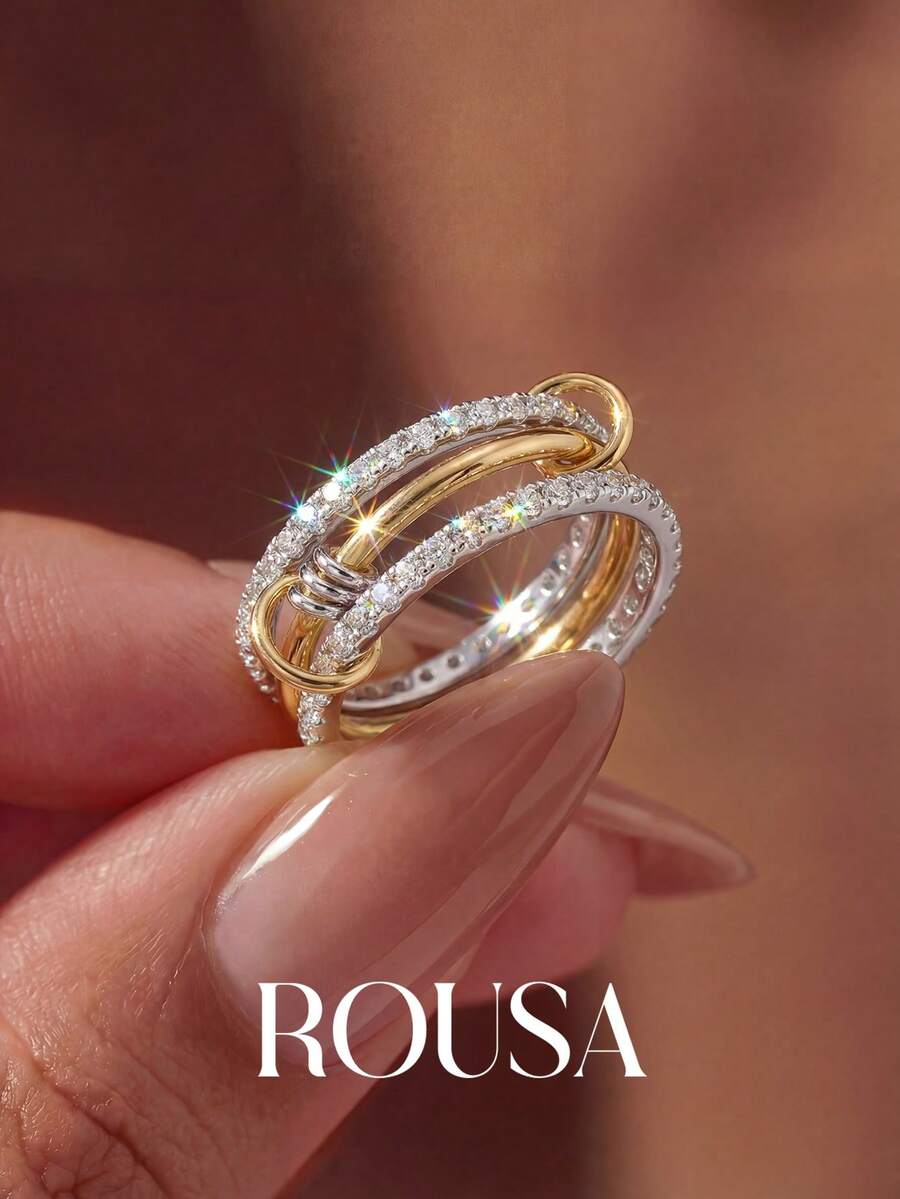 1 Stück 925 Sterling Silber glatter Dreifach-Reifen-Ring, geeignet für Frauen, elegante Kristall-Ohrringe, exquisiter Schmuck - Verschiedenfarbig - Übersicht 1