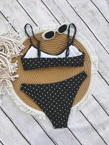 Swim Mod Elegant Vacation Bohemian Navy Blue & White Polka Dot Adjustable Strap V-Neck Sexy Bikini Set - màu đen - Xem 8
