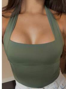 Women's Halter Cropped Top With Halter Neck And Open Back - Summer - Green - View 3
