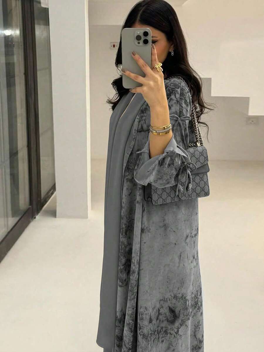 1pc Elegant Tie-Waist Casual Split Cuff Batik Print Abaya, Arabian Dubai Fashion Saudi Open Cardigan Robe Shawl, Suitable For Daily Wear And Gatherings Spring - Grey - View 1