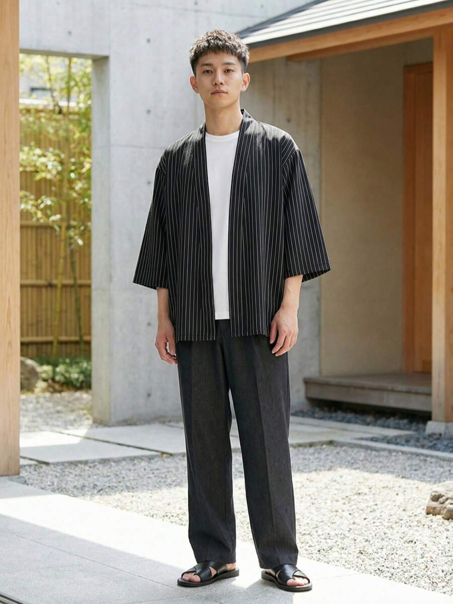 Áo sơ mi kimono nam kẻ sọc dáng rộng, áo khoác cardigan kimono tay lỡ 3/4 nhẹ, vạt mở, phong cách thường ngày dạo phố cho nam - màu đen - Xem 1