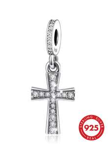 1pc Fashion Design 925 Sterling Silver Cross Pendant With Zirconia Inlay Beads DIY Jewelry, Unisex Birthday Gift For Collection - Silver - View 1
