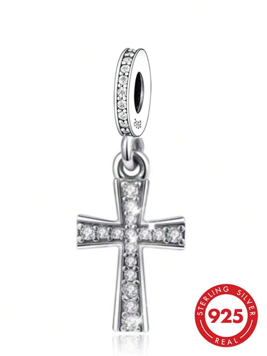 1pc Fashion Design 925 Sterling Silver Cross Pendant With Zirconia Inlay Beads DIY Jewelry, Unisex Birthday Gift For Collection - Silver - View 1