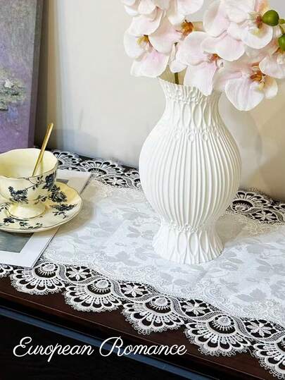 1pc White Vintage European Style Embroidered Lace Trim Table Runner, Elegant Palace Style Table Decor, Suitable For Kitchen, Dining Room, Cafe, Vanity, Living Room, Bedroom, Outdoor, Holiday Decoration & Party Gift, Multiple Sizes Available