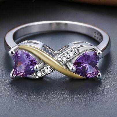 1pc S925 Sterling Silver Purple Heart Shaped Ring, Inlaid Synthetic Zirconia, Suitable For Daily Wear, Easter, Mother's Day, Birthday Gift, Comes With Gift Box