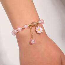 1 chiếc vòng tay mặt dây chuyền hình hoa cúc hồng tươi tắn, trang sức đính hạt kiểu dáng ngọt ngào dành cho bé gái, đa năng cho quà tặng hàng ngày, hẹn hò, tình bạn. - Hồng - Xem 1