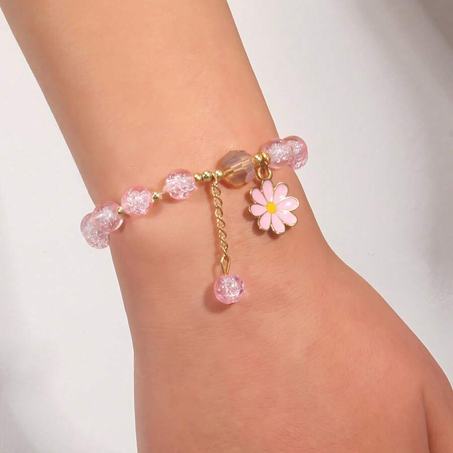 1 chiếc vòng tay mặt dây chuyền hình hoa cúc hồng tươi tắn, trang sức đính hạt kiểu dáng ngọt ngào dành cho bé gái, đa năng cho quà tặng hàng ngày, hẹn hò, tình bạn. - Hồng - Xem 1