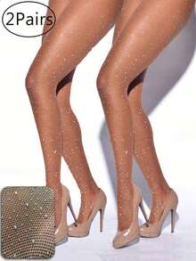 2 Pairs Plus Size Women's Popular Diamond Mesh Stockings, High Elastic Small Mesh Leggings With Glitter, Suitable For Nightclub Party Goth Style Fashion - Apricot - View 11