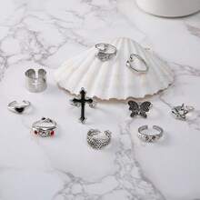 Set de 10 anillos con diseños exagerados de gota de aceite, rana, pavo real, mariposa y cara llorando - Juego de 10 anillos con forma de rana, pavo real y mariposa. - Ver 3