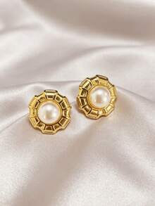 Bông tai vàng họa tiết hình học, thiết kế Bohemian độc đáo, trang sức thép không gỉ, phụ kiện đi biển cho nữ, quà tặng cho trang phục hàng ngày và dự tiệc, bông tai ngọc trai. - Vàng - Xem 7