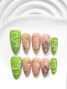10件套霓虹色块风格手工美甲套装，包含凝胶美甲套装、银色镂空五角星美甲装饰、手绘霓虹绿圆圈、手绘纯色波浪图案、银色猫眼图案、绿色指甲油，以及美甲工具（1个果冻贴纸+1个指甲锉）。提供三种尺寸：方形、短长方形、杏仁形。适合派对、日常佩戴、节日庆典、摄影、春夏通勤等场合。 - 彩色 - 查看 3