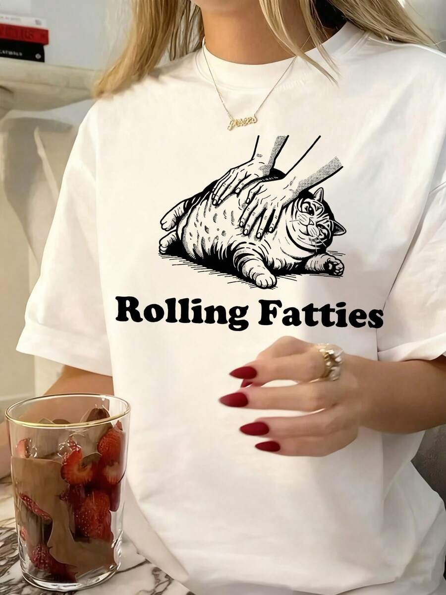 White T-shirt, 1 pcs Cat Being Petted With Text Rolling Fatties 180g Pure  Heavy 100% Polyester T Shirt - Blanco - Ver 1
