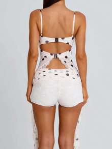 Women's Polka Dot Print Lace Trim Ruched Drawstring Waist Mini Swim Shorts, Low Rise 2026 Summer Beach Vacation Swimwear Board Shorts - Blanco marfil - Ver 8