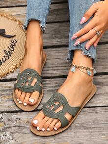Korean Style Casual Flat Slide Sandals, Open Toe, Woven Roman Style, Suitable For Spring, Summer, Beach, Vacation, Dresses, Apartment, Brown Color - Green - View 3