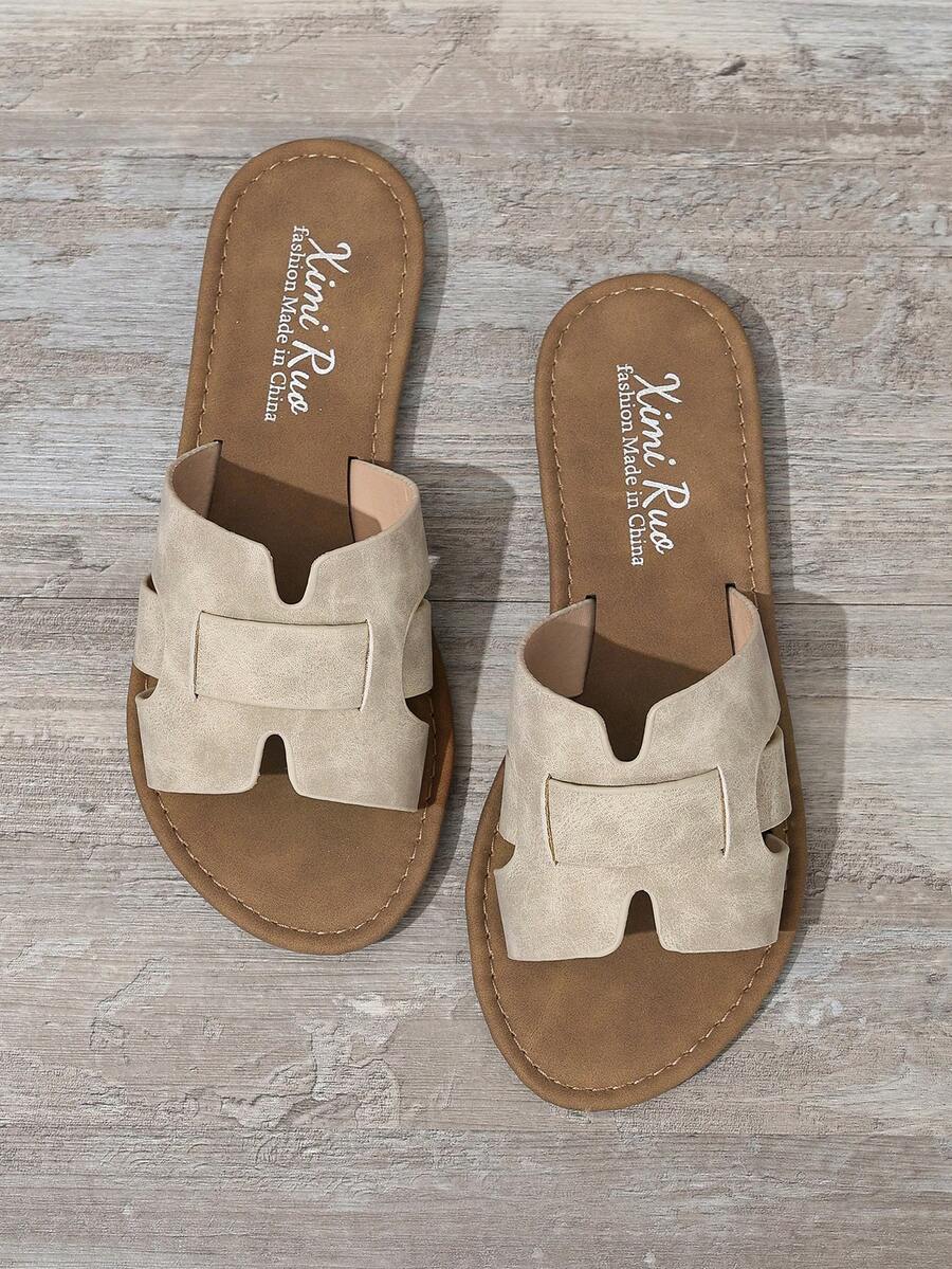 Korean Style Casual Flat Slide Slippers For Women, Open Toe, Braided Roman Style, Suitable For Spring, Summer, Beach, Vacation, Wear With Dresses, Brown - Beige - View 1