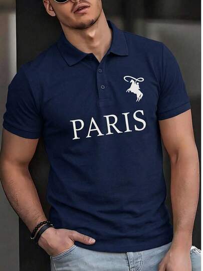Áo Polo nam mùa hè 2026 màu xanh navy cổ bẻ kiểu retro, áo thun ngắn tay in chữ Paris, thêu logo hình ngựa, áo thể thao thường ngày, trang phục nam đa năng kiểu Âu và Mỹ.