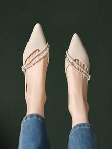 Women's Flat Slip-On Shoes, New Fashion Outdoor Flat Shoes With Inner Height Increase, Pointed Toe, Pearl & Rhinestone Decor, Ballerina Shoes, Solid Color, Soft Bottom, Soft Leather Loafers, French Style Shoes, Versatile Low-Cut Slip-On Loafers, Gentle Flat Shoes - Apricot - View 6