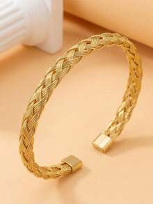 1件时尚个性化金属编织开口手镯，适合日常佩戴 - 金色 - 查看 12