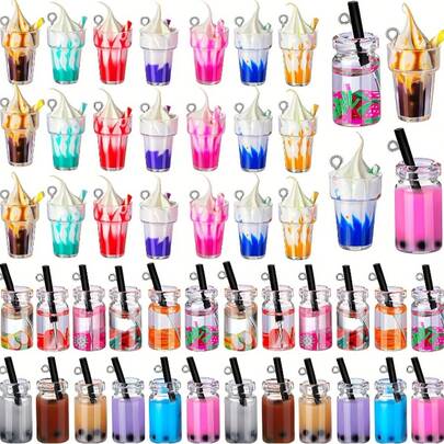 10/20/30/50/100 件装多彩冰淇淋和珍珠奶茶饰品配件套装 - 彩色树脂吊坠，适合 DIY 饰品、钥匙扣和工艺品制作 - 耐用、吸睛设计，项链、耳环、礼品、饰品制作配件