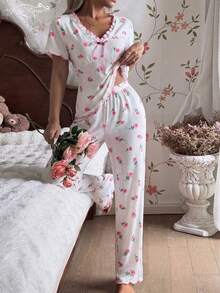 女士性感提花印花睡衣套装，蕾丝V领短袖上衣+松紧腰阔腿裤，饰有蝴蝶结，柔软透气家居服，甜美氛围两件套 - 白色 - 查看 7