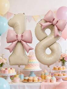 2pcs/Set-40-Inch Extra Large Cream White Number Foil Balloons With Pink Bow, Suitable For Birthday Party Decoration, Anniversary Celebration And More Occasions, Room Decor, Party Decor, Wedding Decor, Family Gathering, Bachelorette Party, Engagement, Wedding, Graduation, Mother's Day Decoration - Cream White - View 4